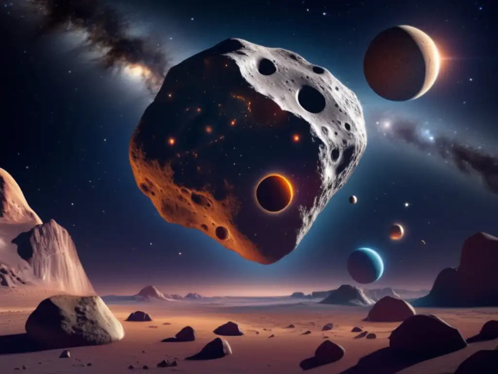 A Stellar Perspective: Photorealistic Asteroid Albion in Space Intelligent, informative, and visually stunning, this photorealistic image captures the complexity of asteroid Albion, surrounded by celestial bodies in space