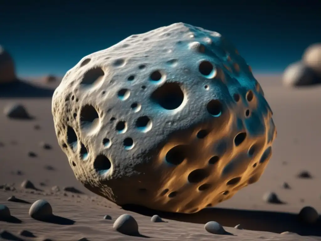 —A photorealistic image of Asteroid Amphitrite's irregular surface textures, providing a sense of scale and uniqueness in space