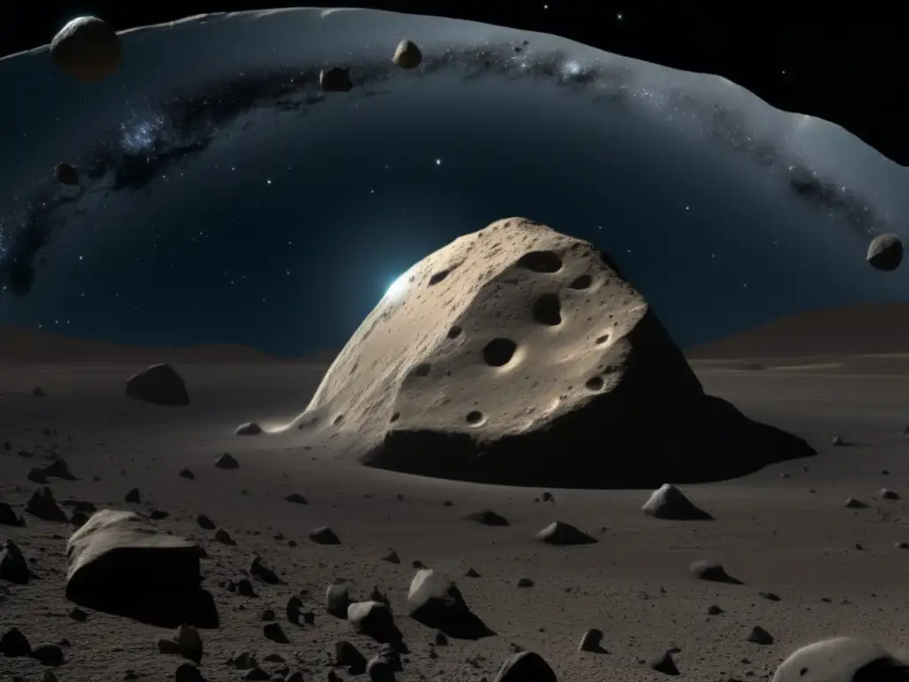 A breathtaking image of the massive asteroid Anchises, with towering craters and shimmering icy surface against a deep outer space background