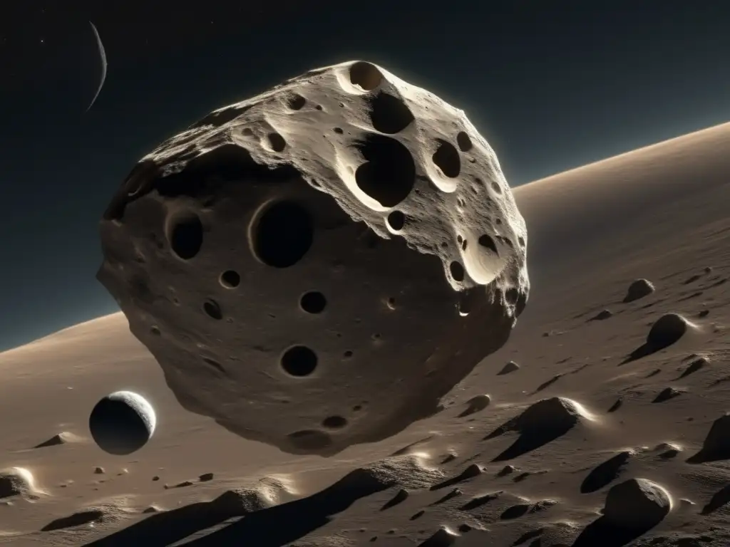Asteroid Angelina, photorealistically captured in space, features a detailed surface texture that accentuates its craters, ridges, and valleys