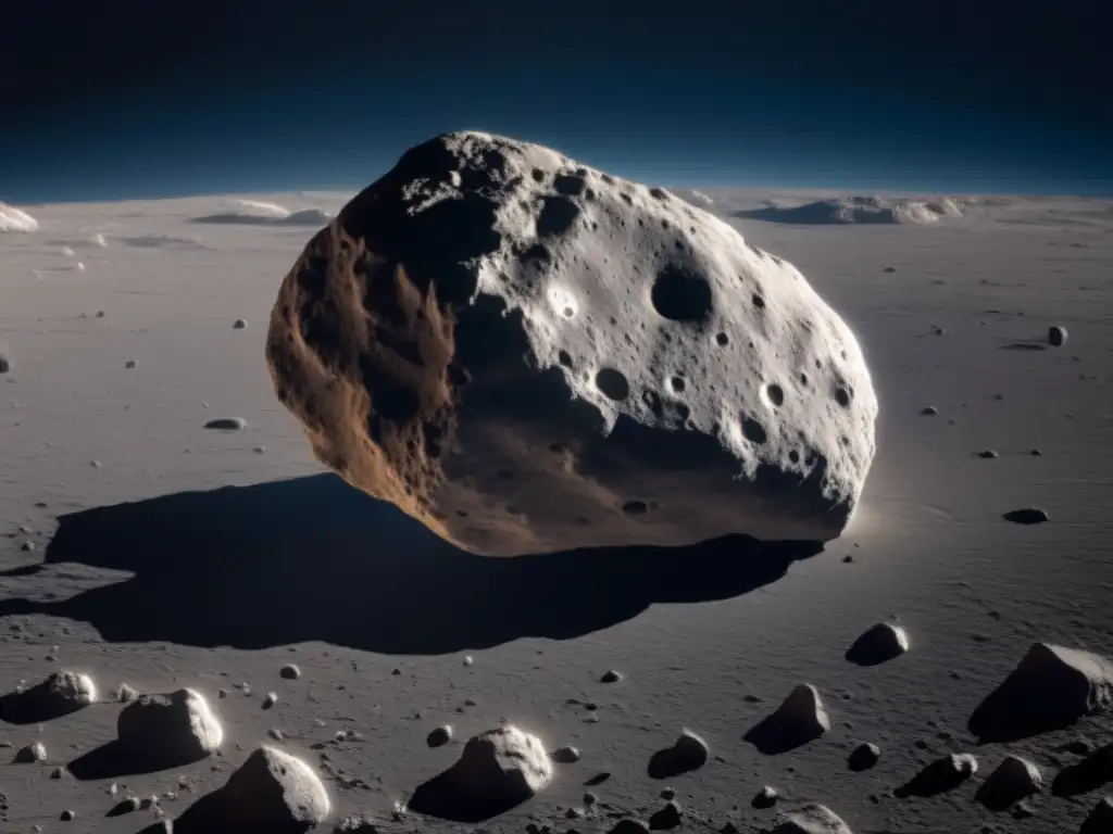 A photorealistic image of Asteroid Antenor from a low angle, showcasing its clear, highly detailed surface in 8k quality