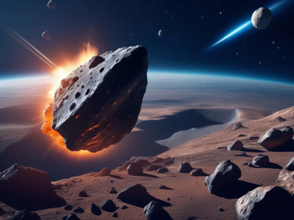 Dash: A photorealistic depiction of a spacecraft soaring through the cosmos towards a colossal asteroid with intricate detailing of its rocky landscape, lighting effects, and atmosphere