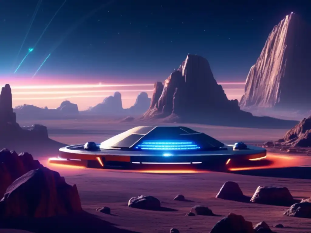 A tense science fiction scene on a photorealistic asteroid base, surrounded by towering metallic structures and neon lights