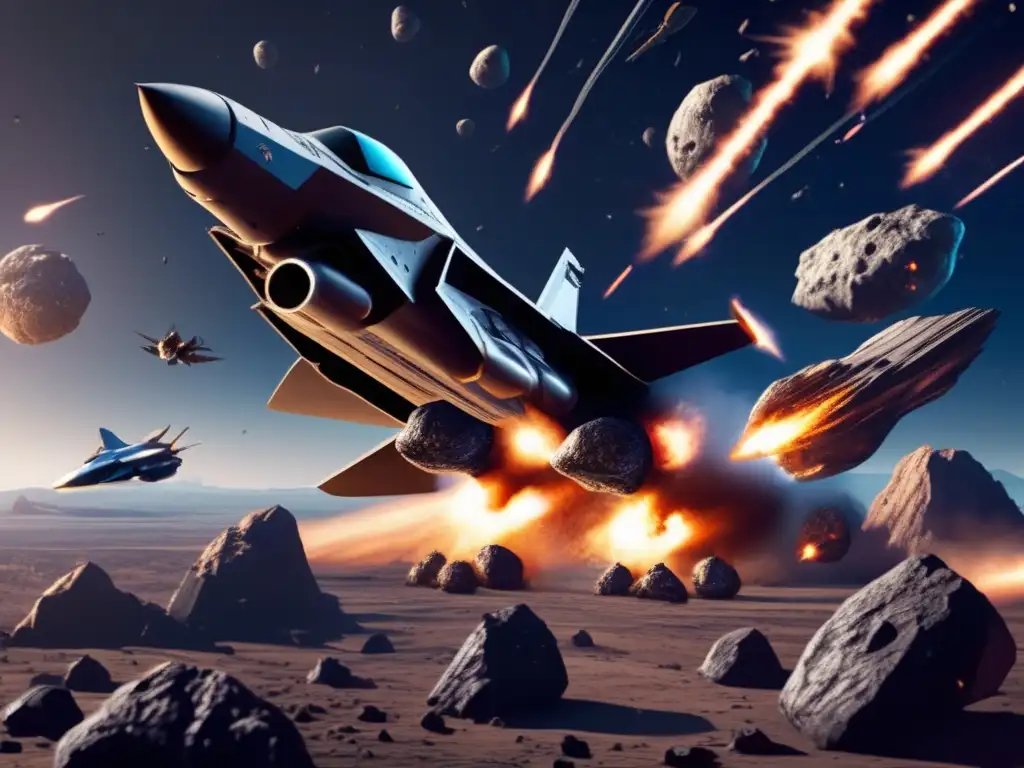 Photorealistic image of fighter jets battling asteroids with intricate patterns, suggesting a galactic threat or unusual phenomena