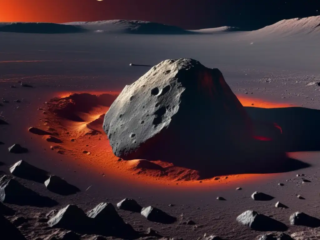 Discover the captivating intricacies of Asteroid Beatrix, its jagged cliffs and deep crevices radiating in bright red and orange hues
