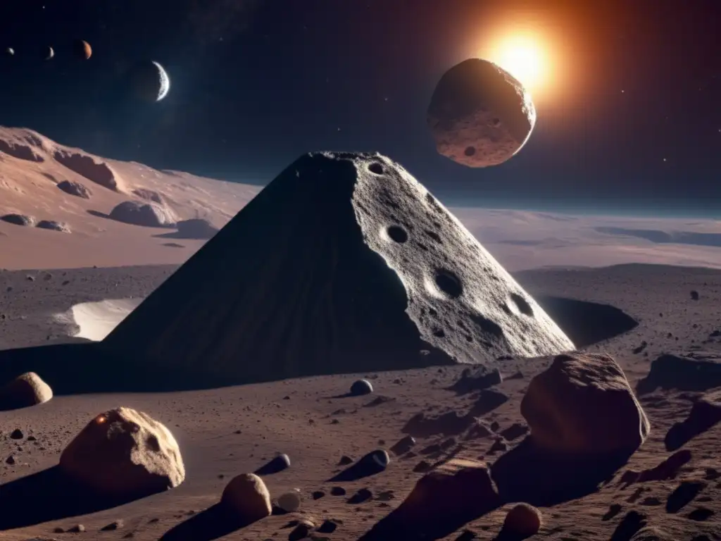 A breathtaking photorealistic image of a large asteroid belt, showcasing its intricate details of craters, ridges, and other geological features