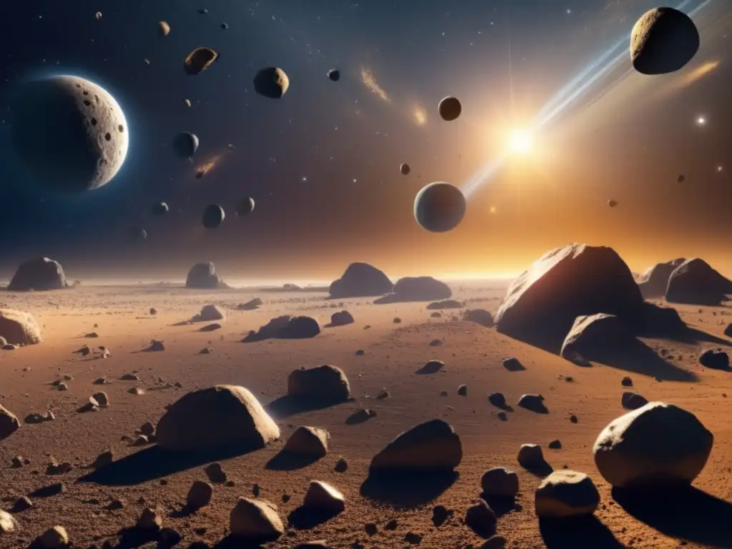 A stunning, photorealistic image of the asteroid belt, teeming with rocky debris of every shape and size