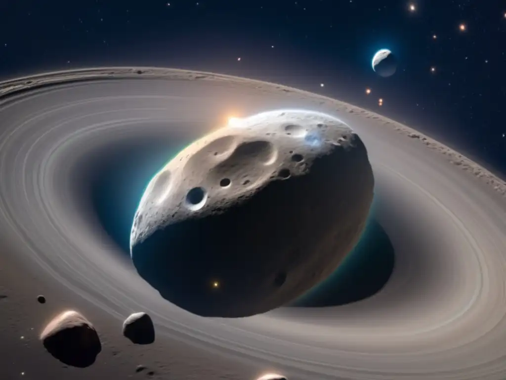 A closeup of an elliptical asteroid in a bustling asteroid belt, glowing from a nearby sun's illumination