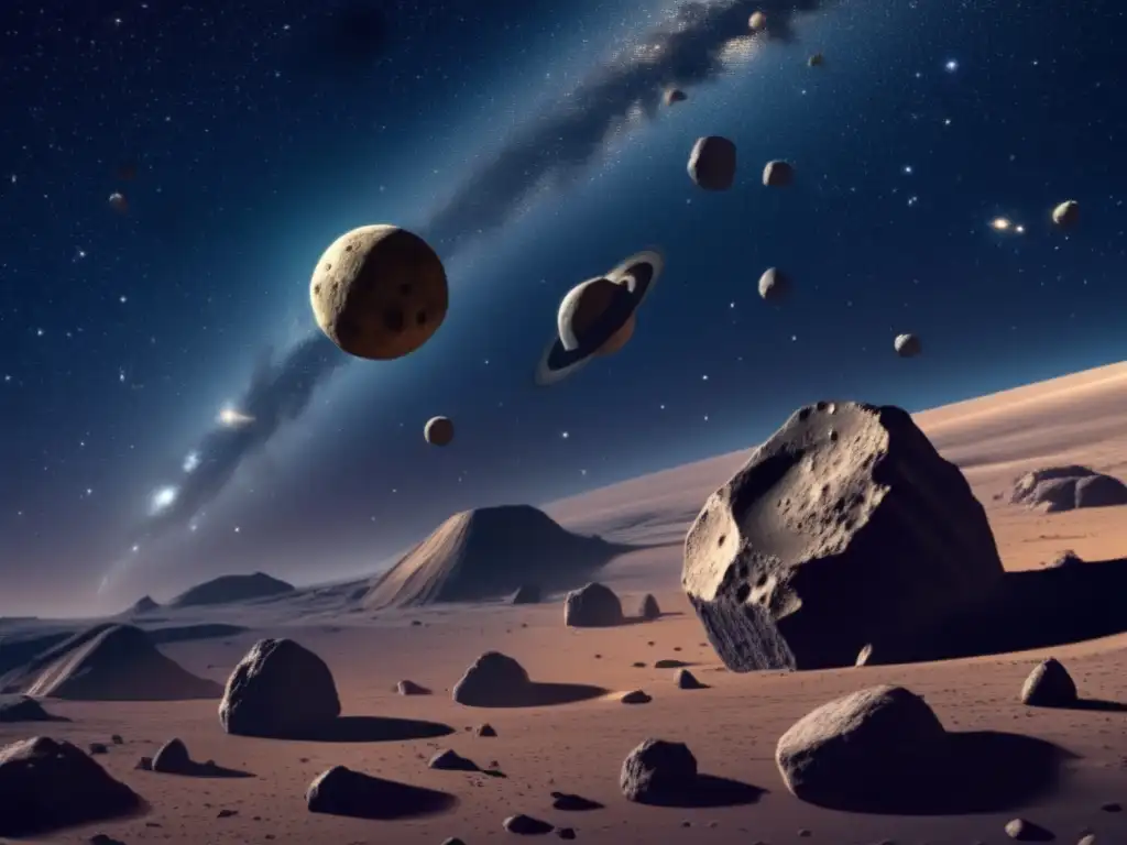 A stunning photograph of the asteroid belt in all its glory, with a close-up of individual asteroids featuring unique shapes, ridges, and craters
