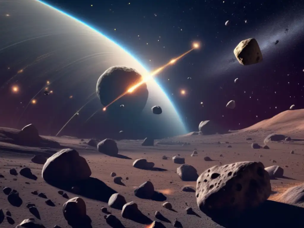A breathtaking photorealistic image of an asteroid belt teeming with asteroids of diverse shapes, sizes, and orbits against a black void backdrop