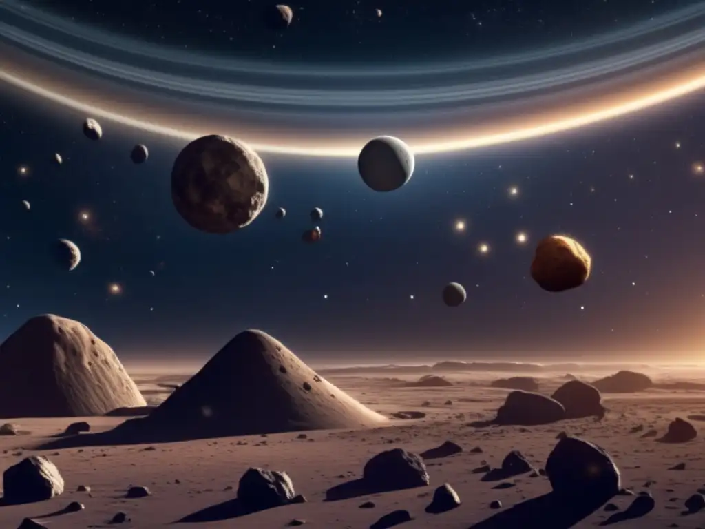 A breathtaking high-resolution image of the Asteroid Belt, showcasing asteroids of various sizes and shapes against a backdrop of glowing stars