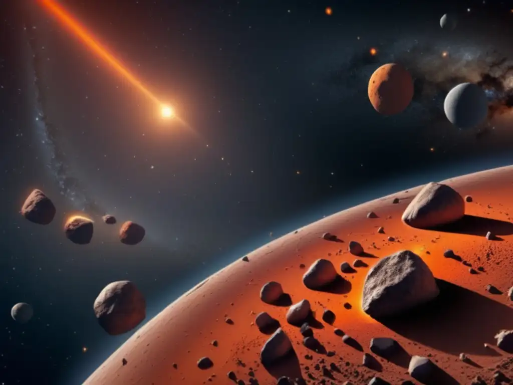 A stunning photorealistic image of an asteroid belt in the vastness of space, featuring the unique jagged surface of asteroid Leucus