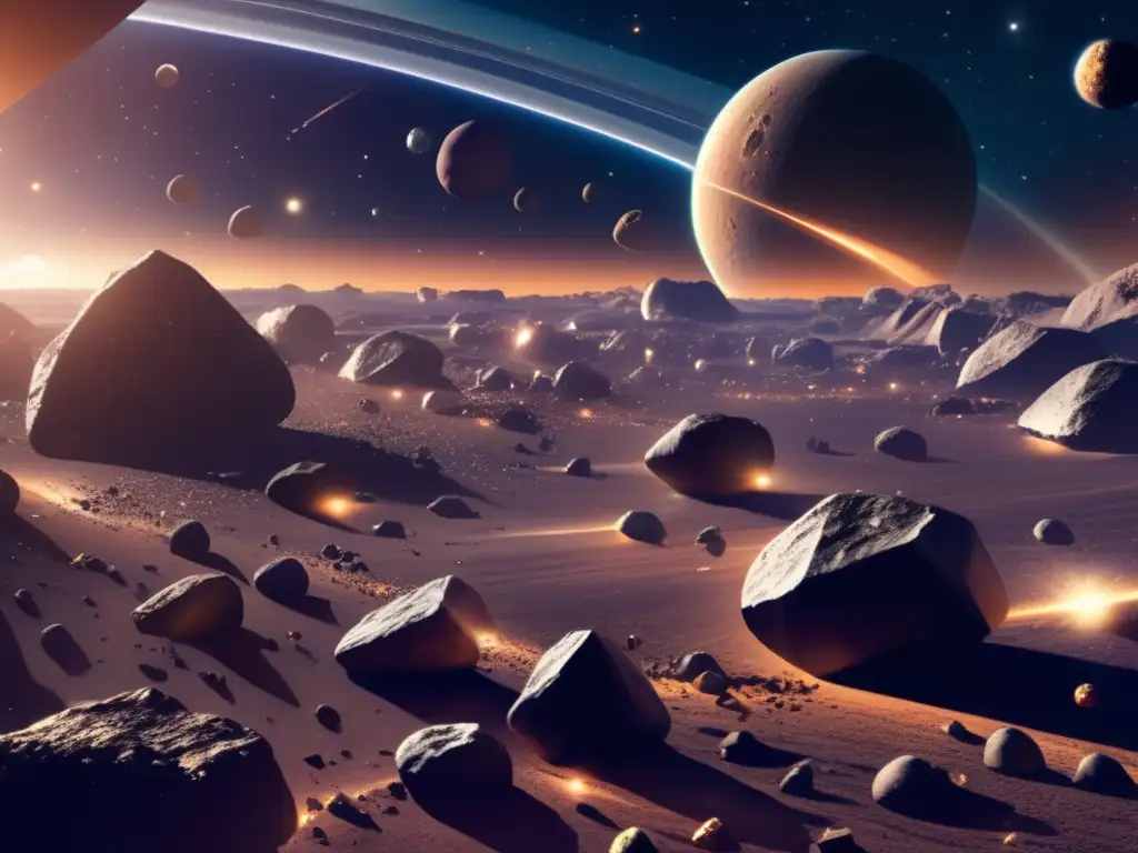 A breathtaking photorealistic image of a shimmering asteroid belt, with diverse rocks floating freely in the cosmic void