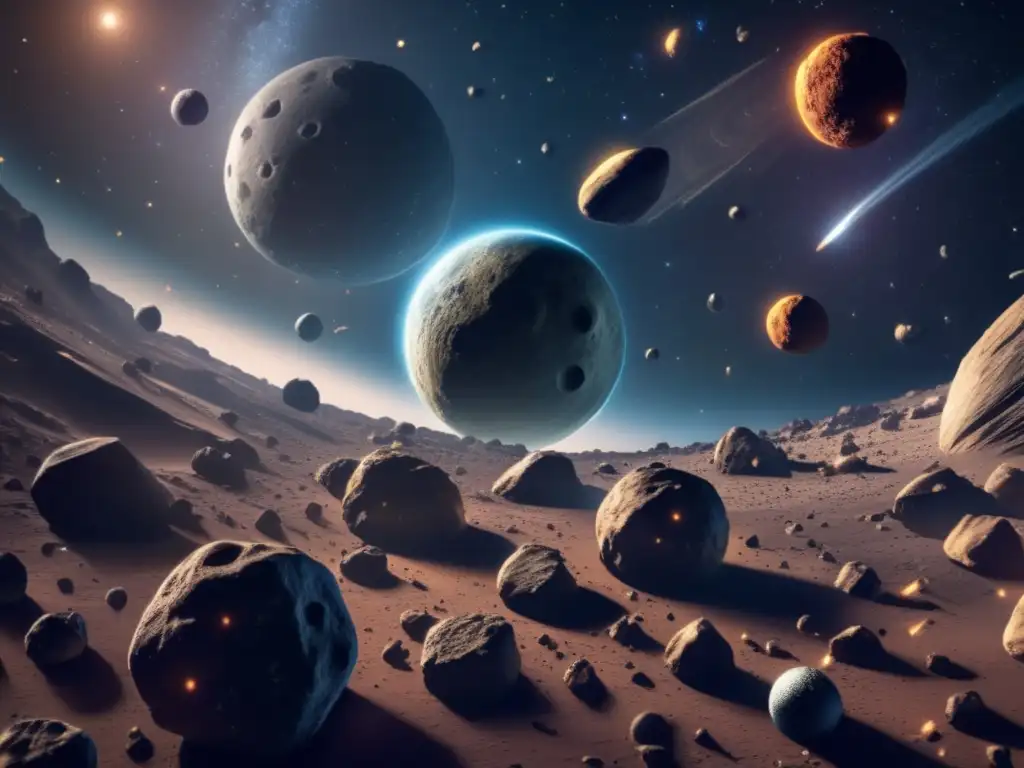 A breathtaking view of an asteroid belt, filled with giant rocks of varied shapes and tones, surrounded by a dark void