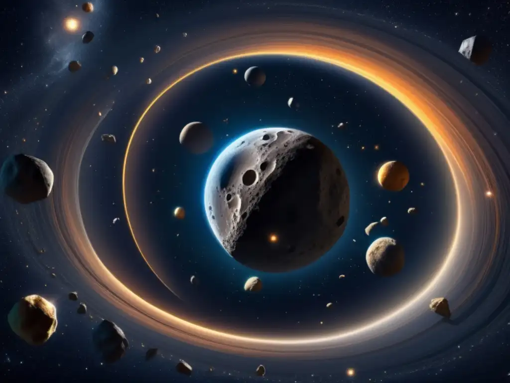 A photorealistic image captures the vast and mysterious asteroid belt, with asteroids twisted into a realistic pattern