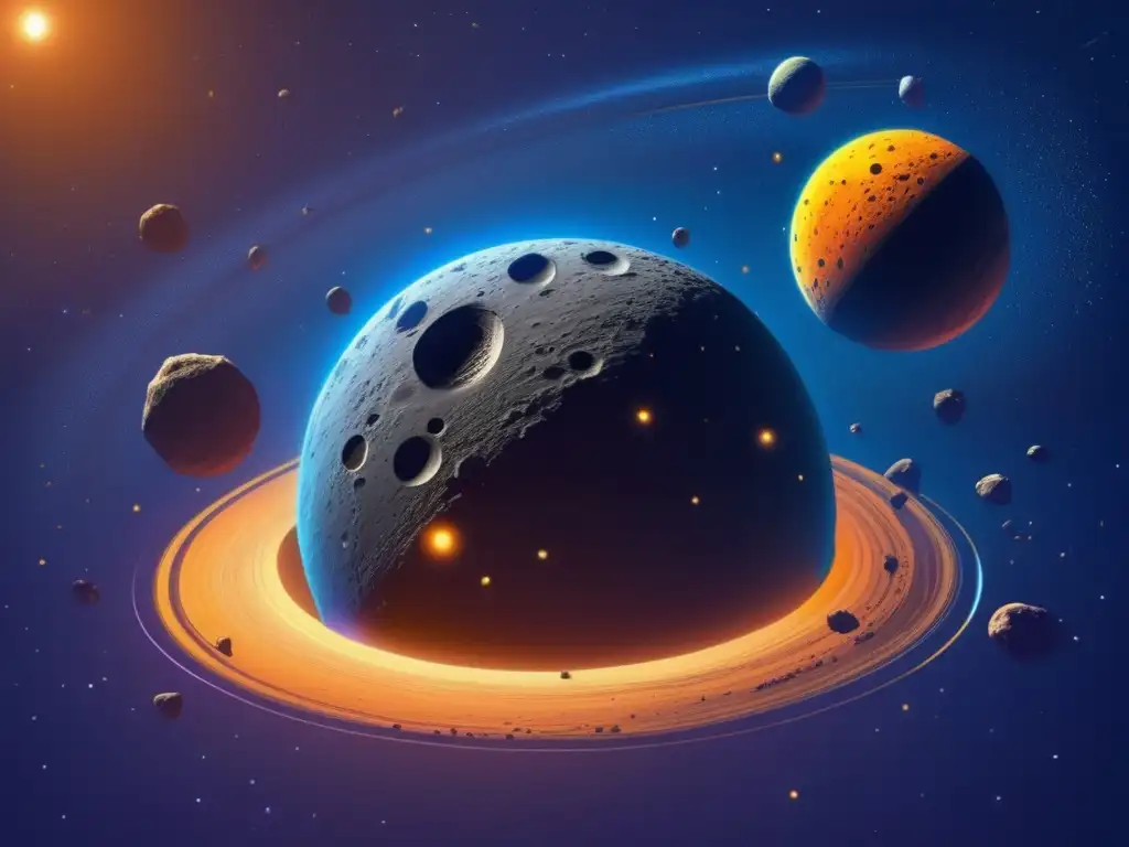 The asteroid belt glows and moves in the darkness of space, with intricate formations and close-up details of the celestial rocks
