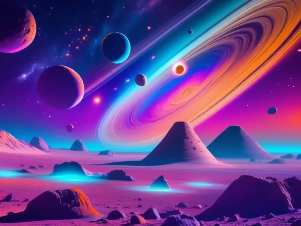 A dazzling display of colors, the asteroid belt shines with vibrant hues of neon orange and purple