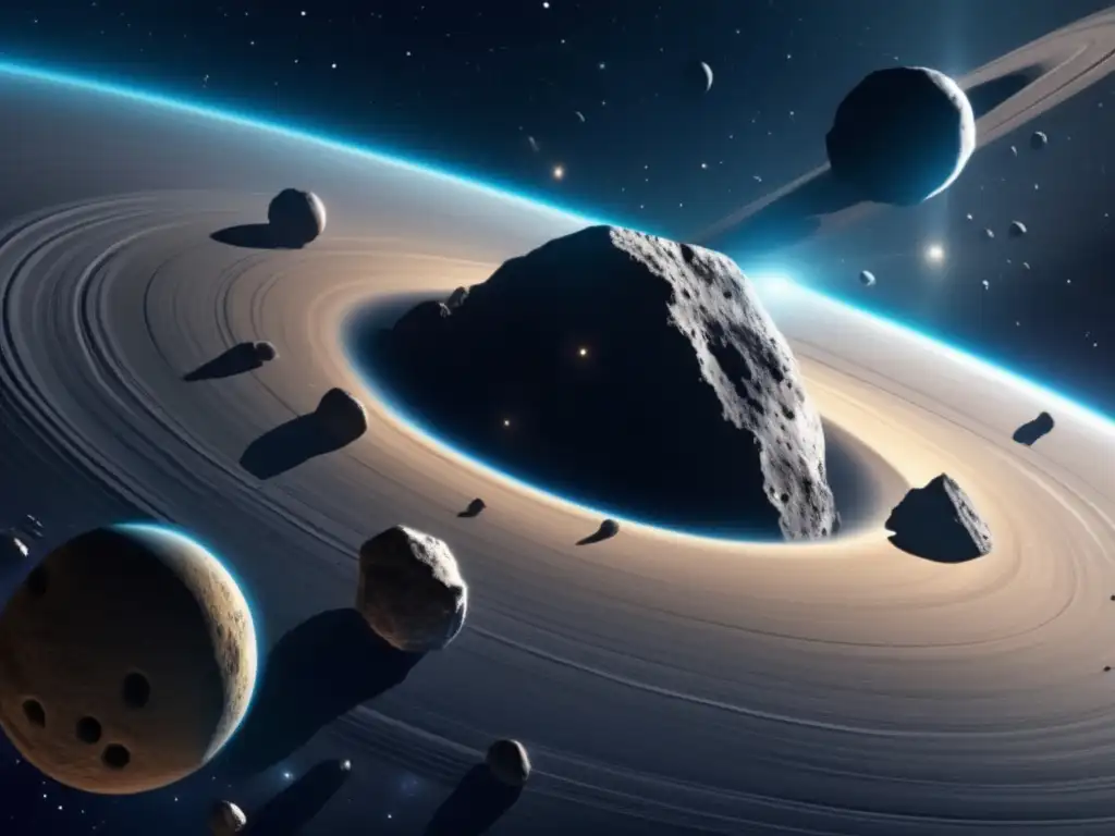 An eerie, photorealistic depiction of the asteroid belt in a dynamic, 'Lost in Space'-style space drama