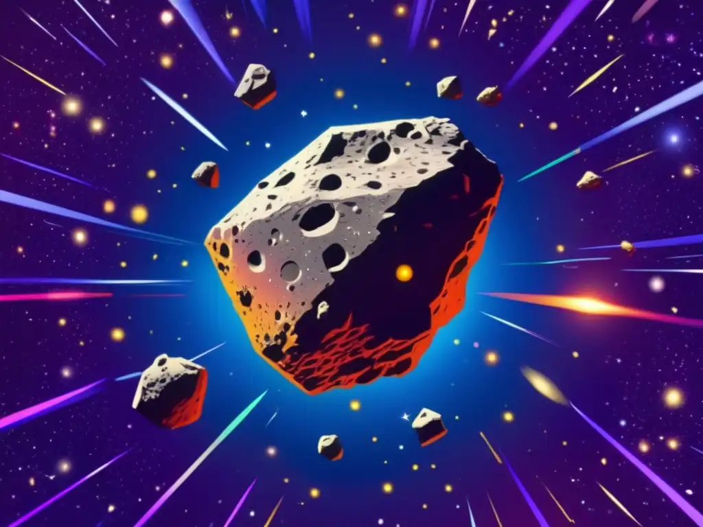 A breathtaking photorealistic image of Asteroid Cacus, an intricate asteroid field of multiple hues, viewed from above