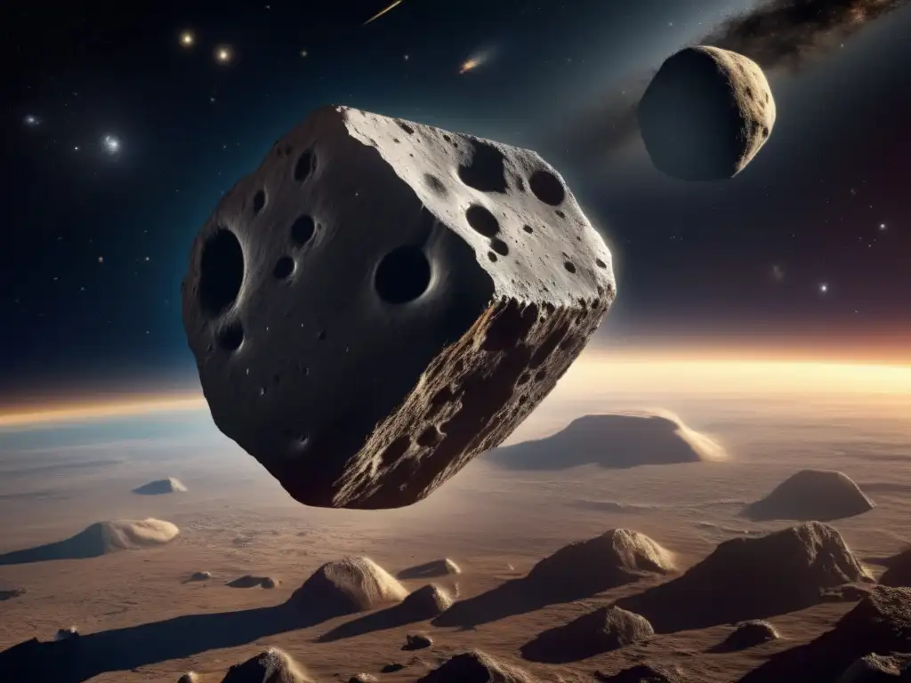 A stunning photorealistic image of the asteroid Cacus soaring through the cosmos, its rugged surface creating depth and perspective