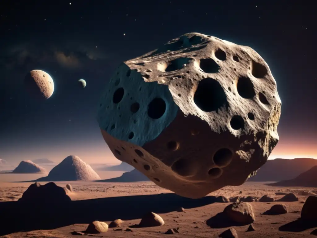 A breathtaking view of Asteroid Cacus, a massive, craggy space rock lit by a warm, inviting light source