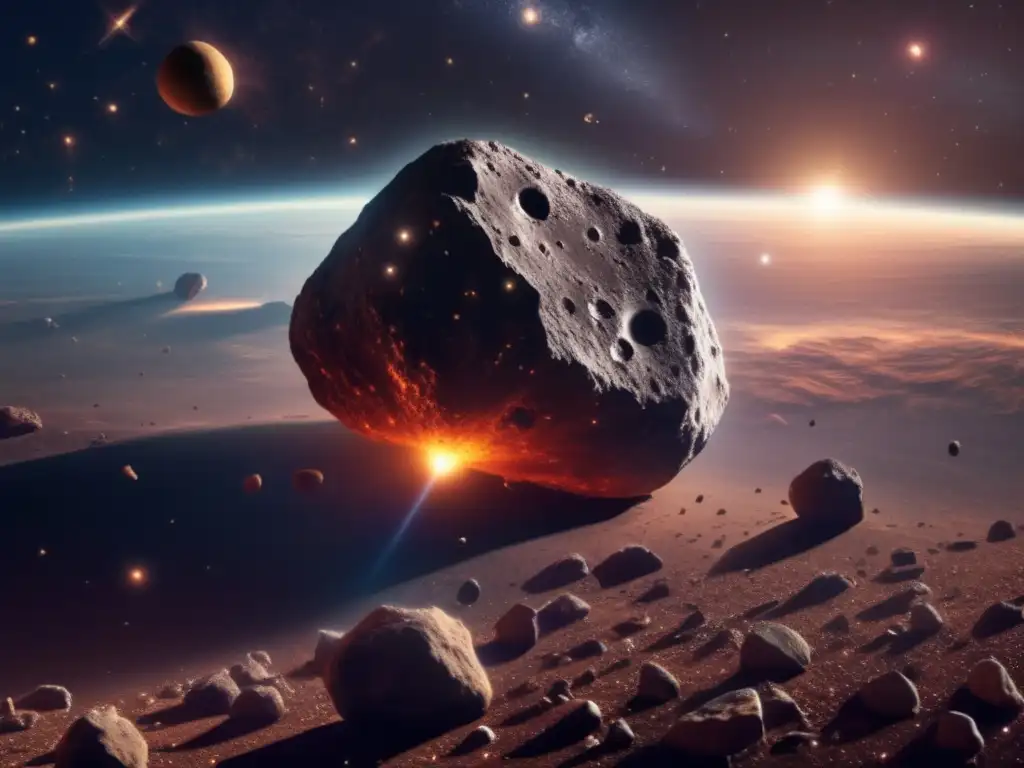 Asteroid Capys looms large against a backdrop of starry galaxies, its intricate surface revealed by beams of sunlight