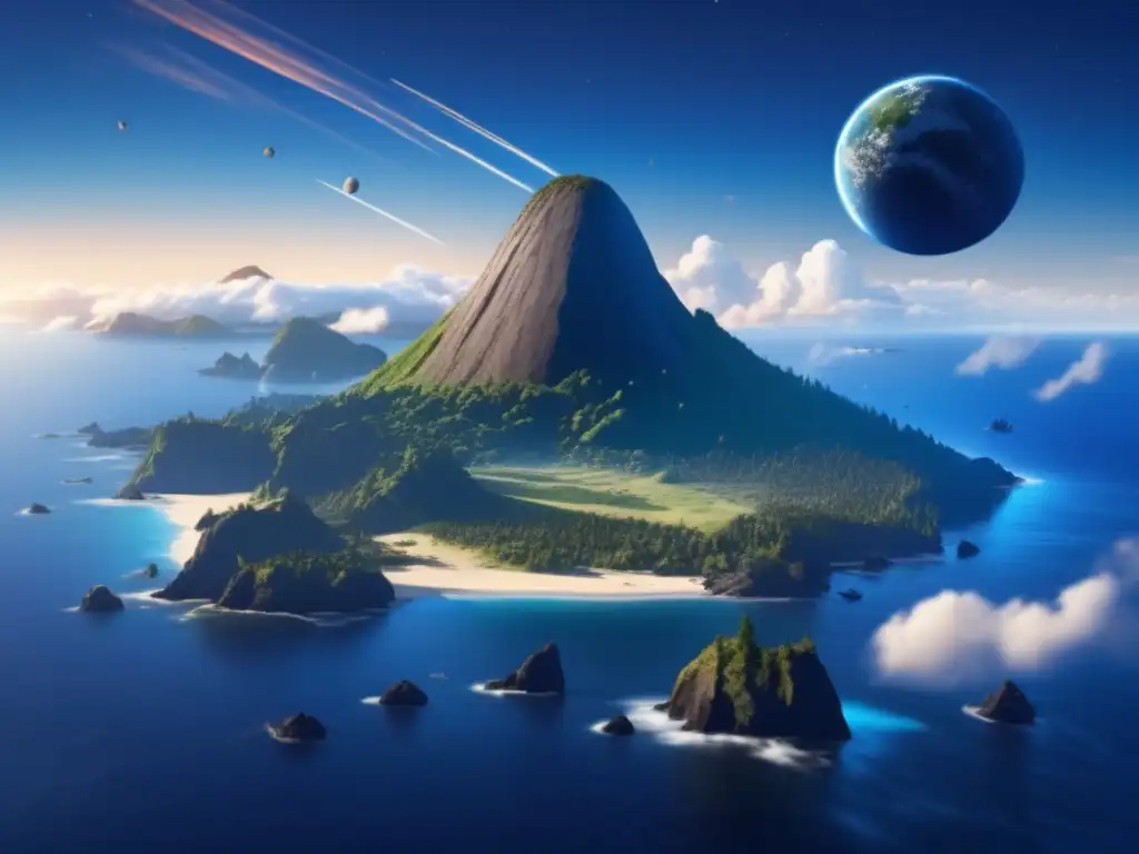 Asteroid Impact: Pacific Northwest Islands Brace for Impact A photorealistic depiction of a deep blue sky with an asteroid tumbling down, its naturalistic texture revealing a trail of dust and debris
