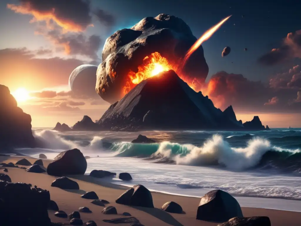 A looming asteroid, shrouded in darkness, bears down on Earth, obliterating everything in its path including the extinct dinosaurs