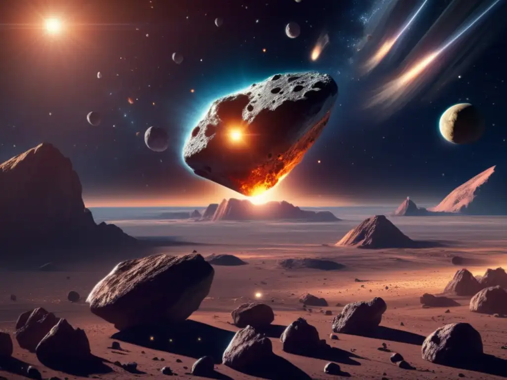The colossal asteroid glows iridescently with sunlight, a stark contrast to the shadowy smaller asteroids in its wake