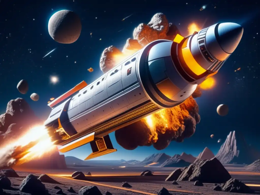 The launch of Asteroid City Spacecraft in the 'Space 1999' series, depicting the state-of-the-art technology and groundbreaking space exploration in a photorealistic style