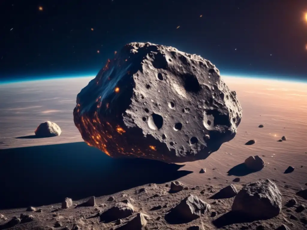 'A jagged asteroid, floating against the infinite blackness of space, its uneven surface captured in stunning detail