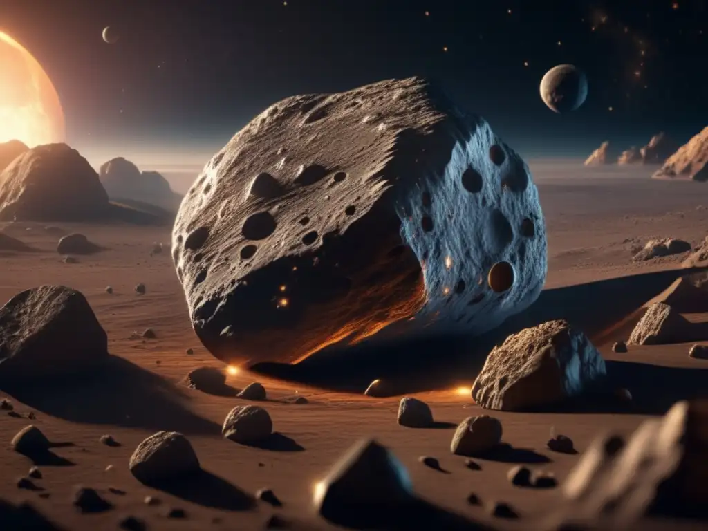 An eerie closeup of an asteroid, with jagged edges and intricate ridges visible