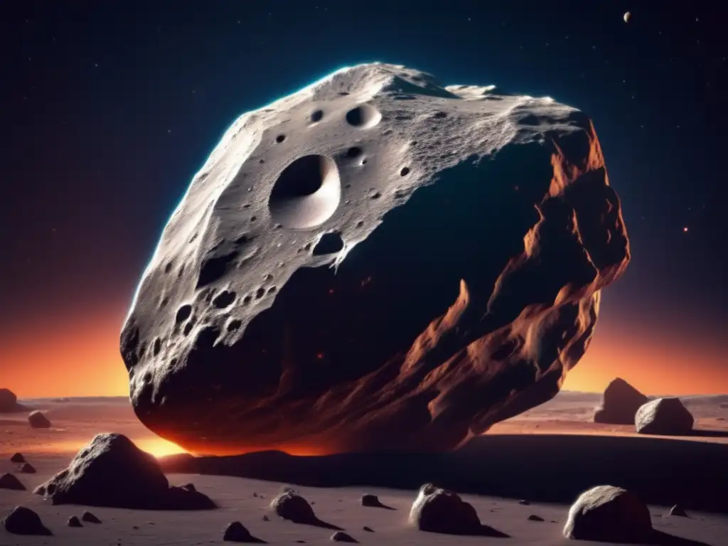 A stunning photorealistic image of an asteroid, captured from a close-up angle to showcase its intricate details