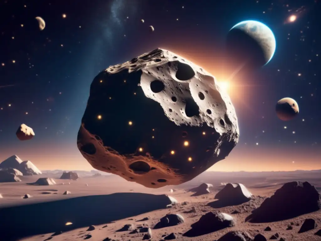 A detailed closeup of an asteroid, floating against a spacethemed background with ethereal motifs