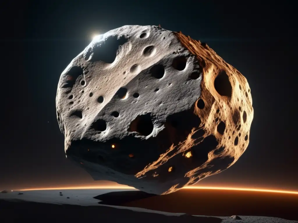 A closeup view of a large asteroid lighting up the night sky, intricate surface markings visible against a black backdrop