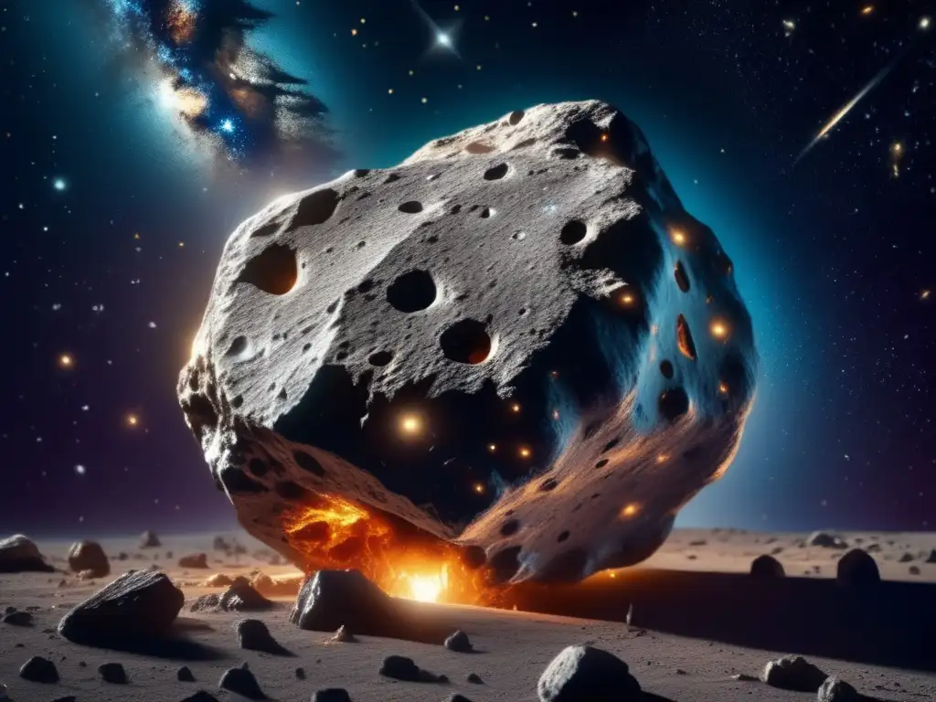 A majestic asteroid, lit by an otherworldly light, its gnarled contours and delicate handcrafted crystals creating a mesmerizing closeup photograph