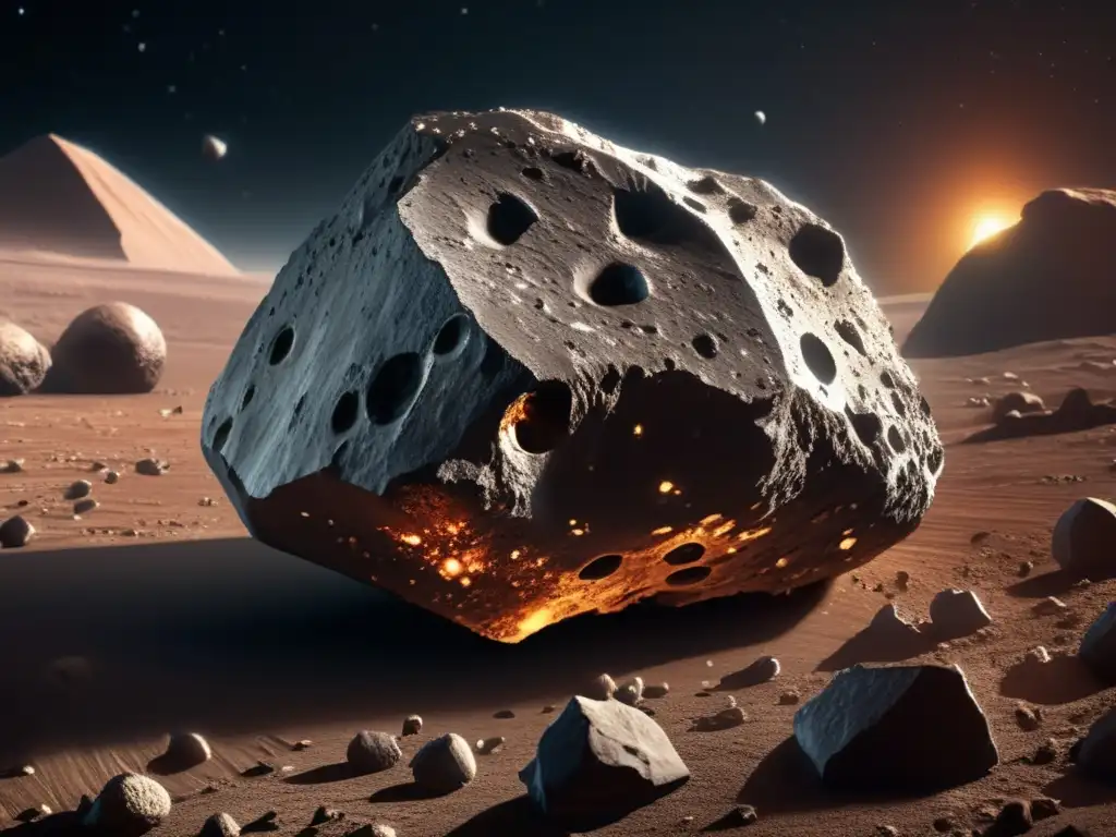 A photorealistic closeup of an asteroid, with intricate details and textures visible on its surface