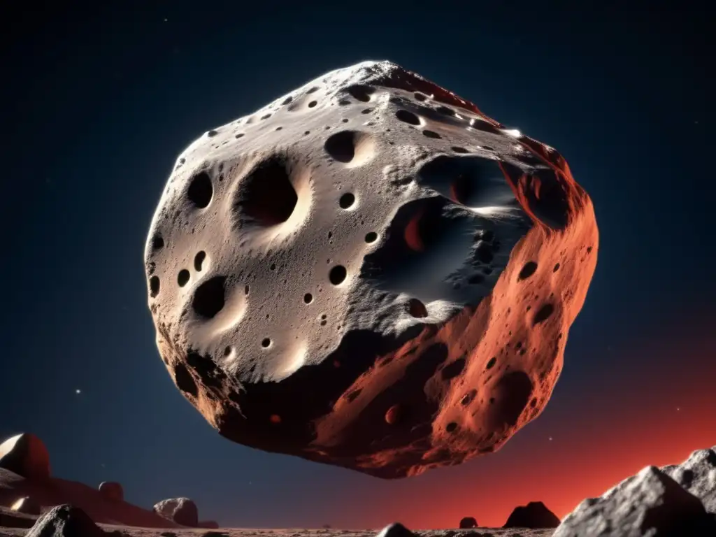 An 8k ultradetailed asteroid image captures every minute detail, showing its elongated shape, angular structure, red-dominated texture, and green/blue-hued meteorite
