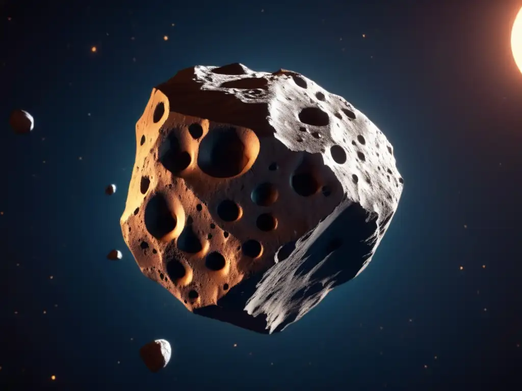 A captivating close-up of a massive asteroid, with jagged craters and a cracked surface, set against a dark backdrop