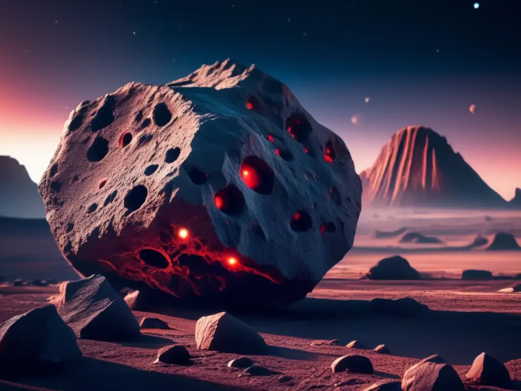 Head-On Asteroid Closeup: Barren Lands under Faint Red Glow A photorealistic closeup of an asteroid's rocky surface, revealing intricate textures and jagged edges