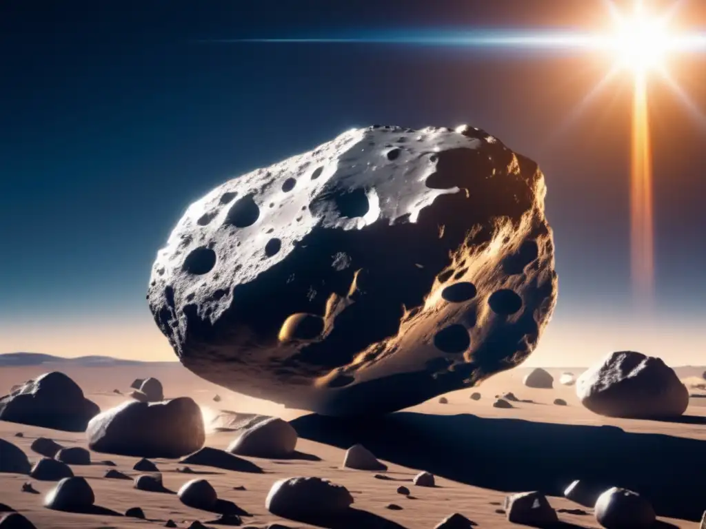 A captivating closeup of an ancient asteroid bathed in sunlight, with intricate reflections and highlights showcasing its weathered surface - Ageless beauty amidst the cosmic void