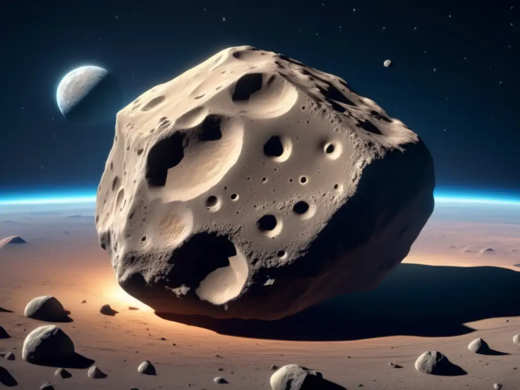 A photorealistic image of an asteroid with vivid geological features, such as craters, valleys, and rilles, floating in the depths of space