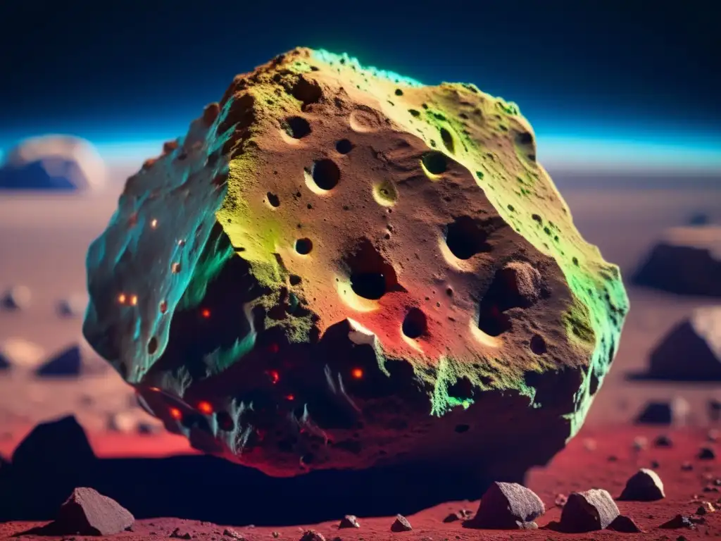 Awe-inspiring closeup of the jagged asteroid with dominant reds, greens, and browns in intricate details