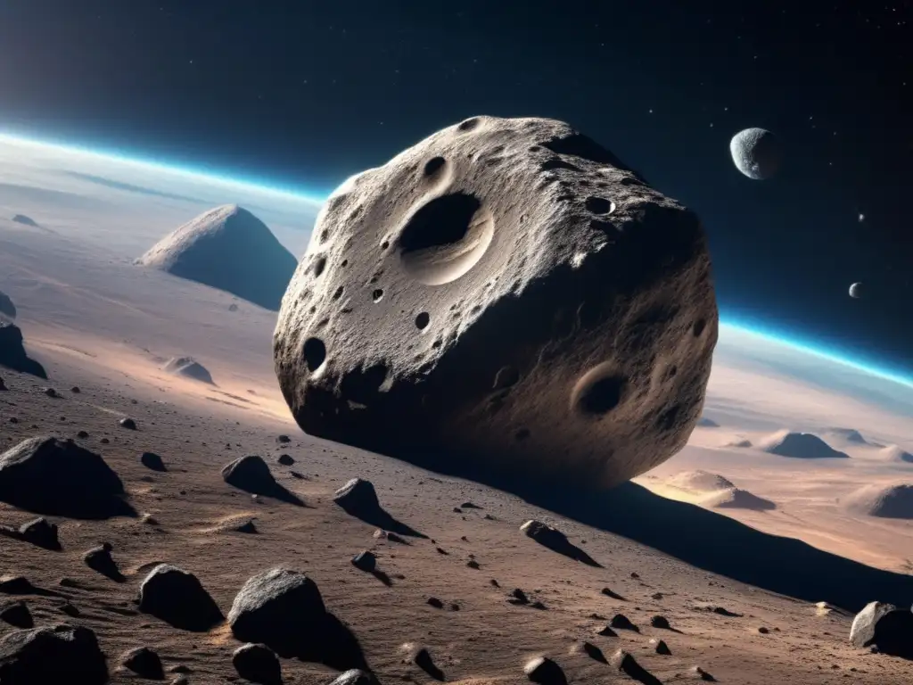 Rugged and Inhospitable: Photorealistic Closeup View of an Asteroid A hauntingly beautiful photorealistic closeup of an asteroid's surface, with intricate details of its rocky formations and craters