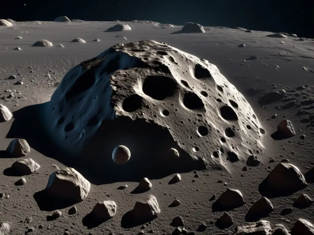 A closeup view of a rugged asteroid, with its craters visible in luminous detail against a black backdrop
