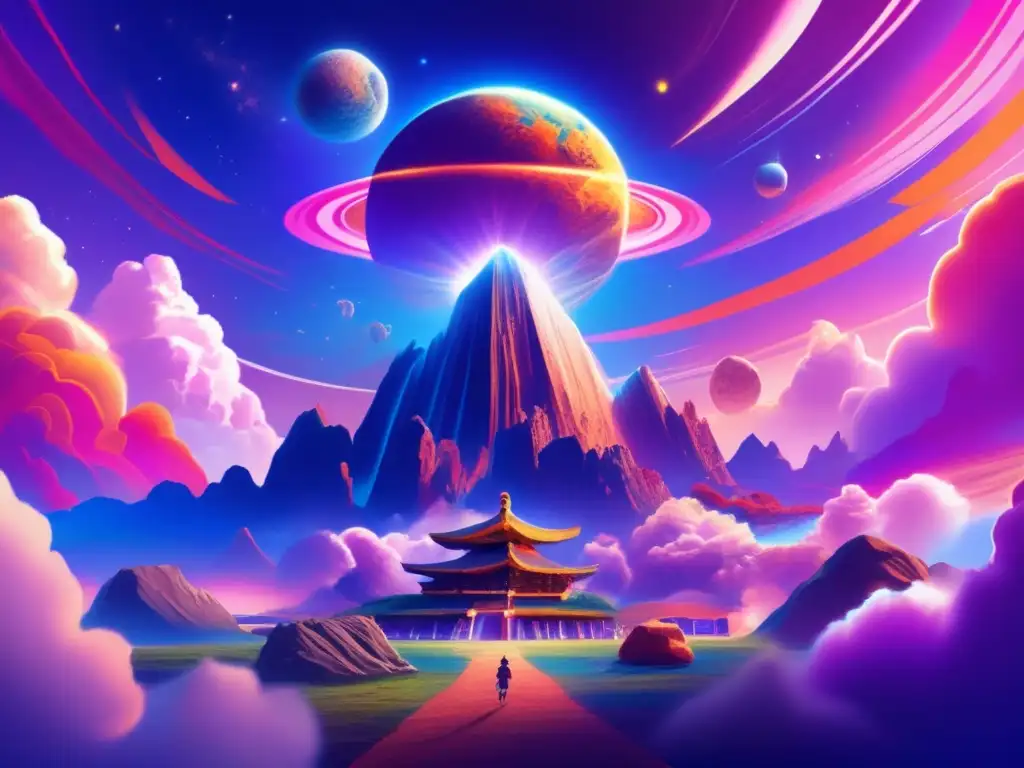 The vast, open sky is filled with swirling clouds,, with a blinding light shining down from the top