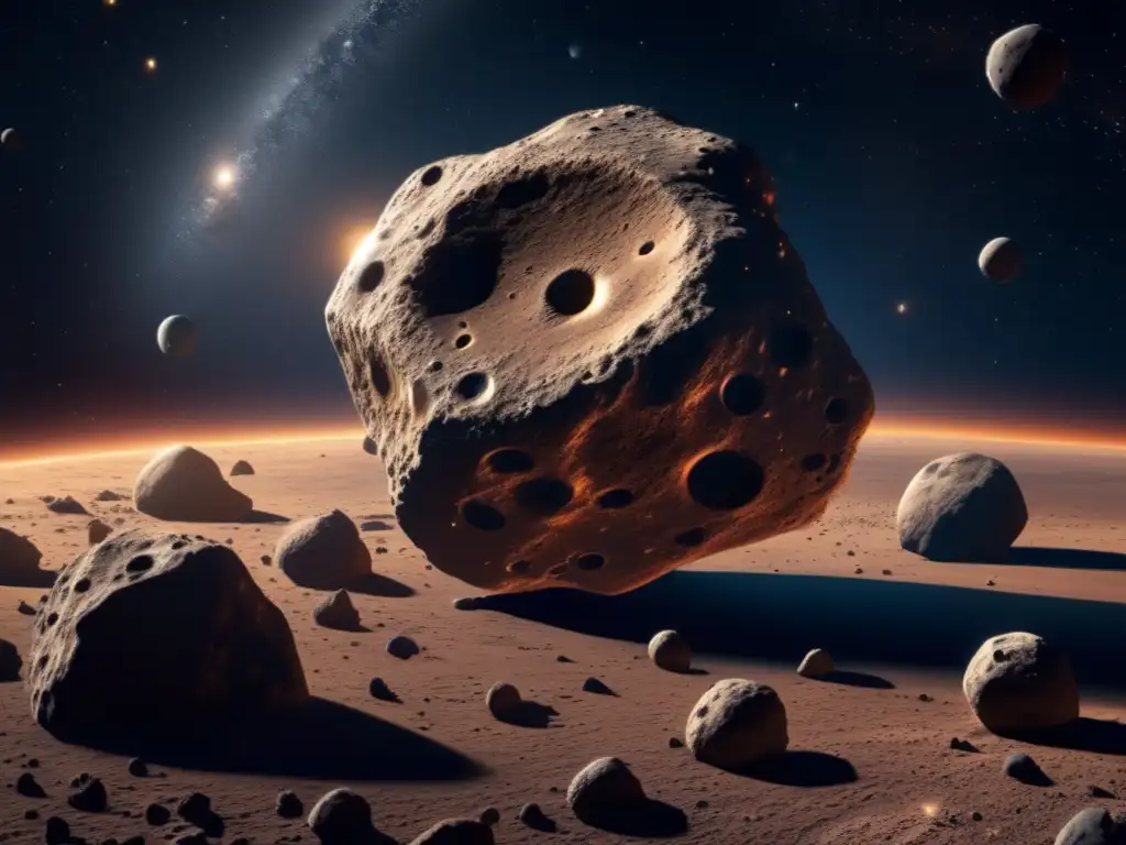 A breathtaking photorealistic image of asteroids clustering together in space, with intricate details such as surface pits and craters visible