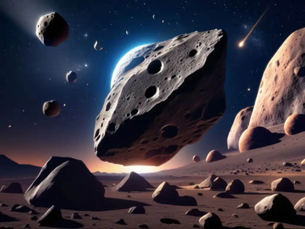 A stunning photorealistic image of a large, jagged asteroid surrounded by a group of smaller ones