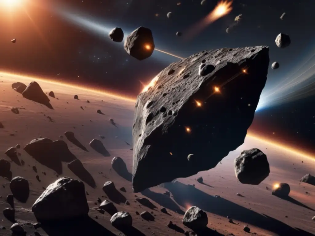 A breathtaking photorealistic image of several asteroids orbiting the sun, shining brightly against the blackness of space