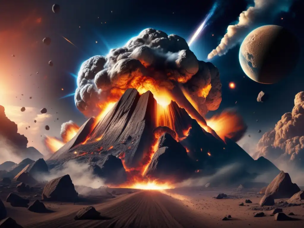A photorealistic depth-of-field image of a massive asteroid colliding with Earth, with a stunning visual impact